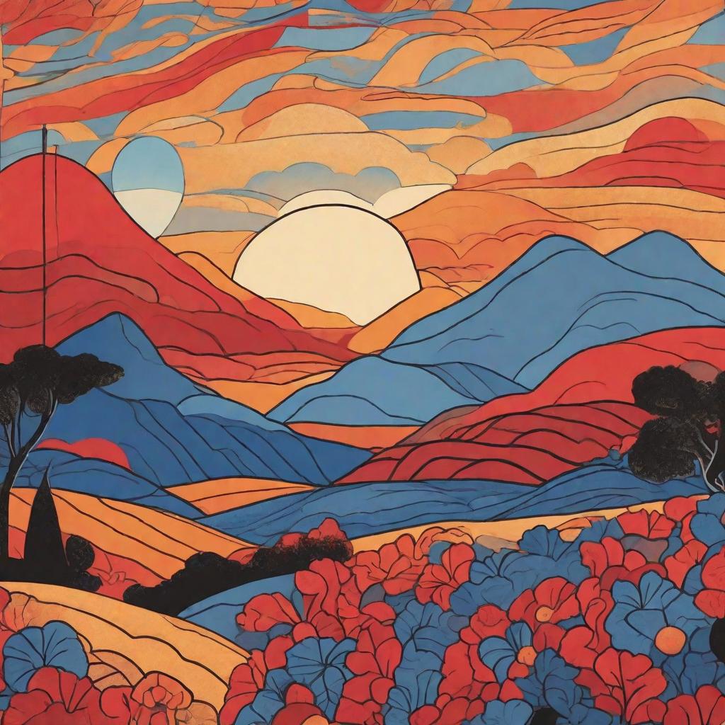  masterpiece, best quality, An illustration of a flag unfurling in the wind, showcasing a creative blend of random blue, red, and black shapes representing an imaginary nation. The scene is set in a fantastical landscape with rolling hills and a soft, golden sunset in the background. The mood is whimsical and dreamlike, evoking a sense of wonder and curiosity. (Illustration, soft light, warm color palette)