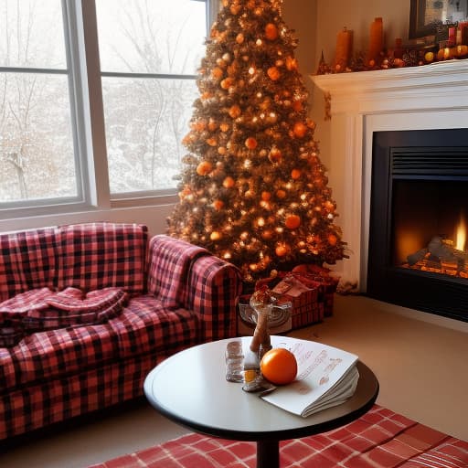  tangerines on the table, next to there is a fragrant cocoa with marshmallow in a mug, next to a checkered red plaid and a cat, and in the distance a new year tree near a large window and a fireplace