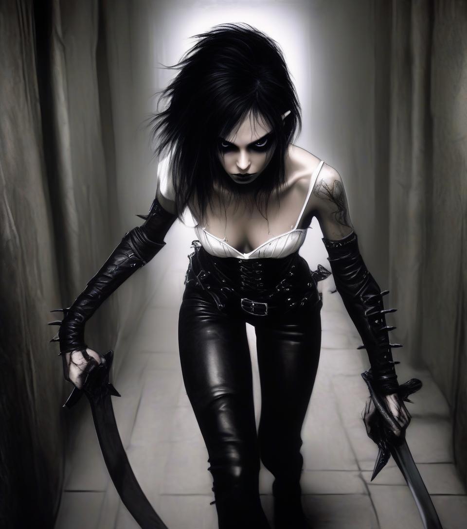  macabre style dark fantasy. a very thin girl elf thief fighter with white alabaster skin, with black straight hair, in a leather white open corset, in black leather pants, in wrists, in white shoes, holding a knife in her hand. in the dark hallway. . dark, gothic, grim, haunting, highly detailed