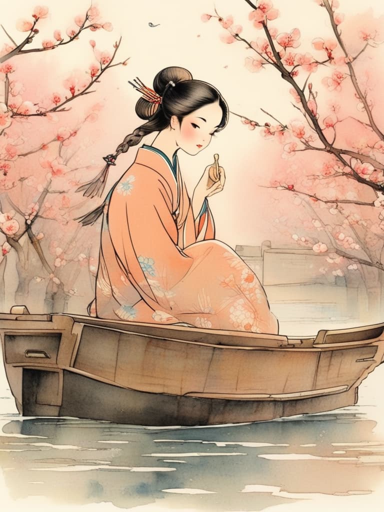  the ancient chinese man, sitting on a boat and looking at the people on the shore, was moved in his heart. although peach blossoms are so deep。