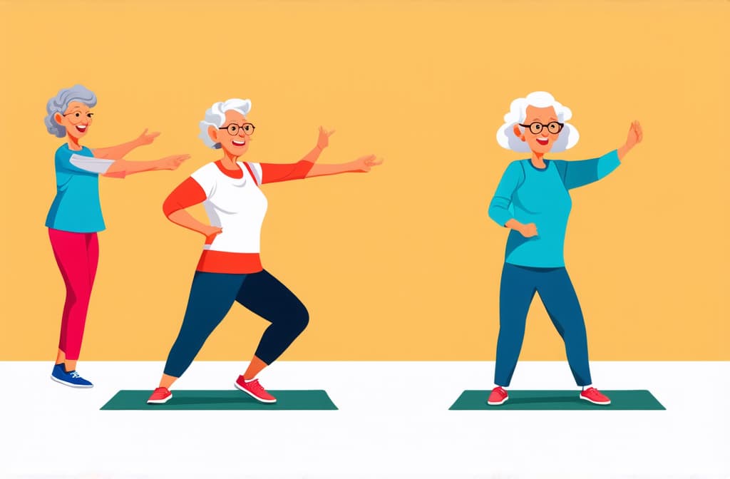  elderly people cartoon characters doing sports, practicing yoga, enjoying aerobics and gymnastics. flat illustration ar 3:2 {prompt}, maximum details