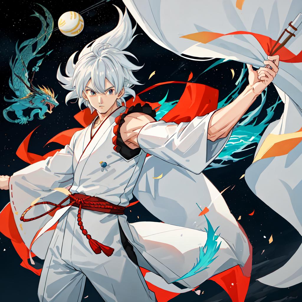  in a Japanese art style, man fighter with White kimono,Dragonball style