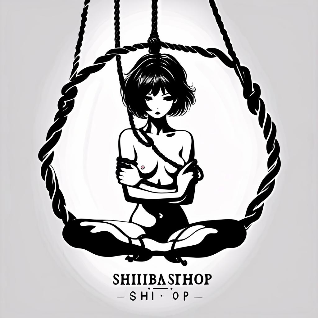  logo, girl shibari, girl in ropes, silhouette, black white, sitting, inscription shibari shop