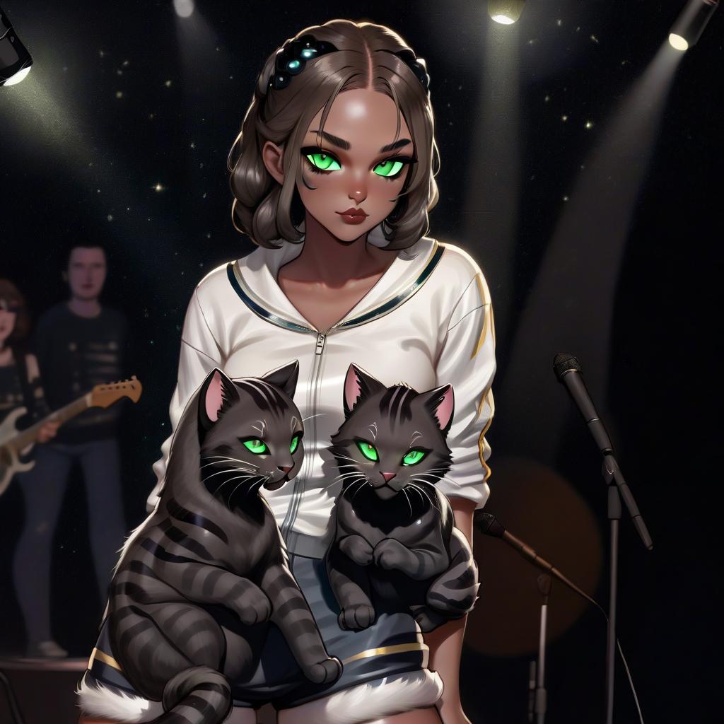  panther girl with dark green eyes, two furry striped cats, space, spotlights, view from the stage, microphone, music, royal grace,