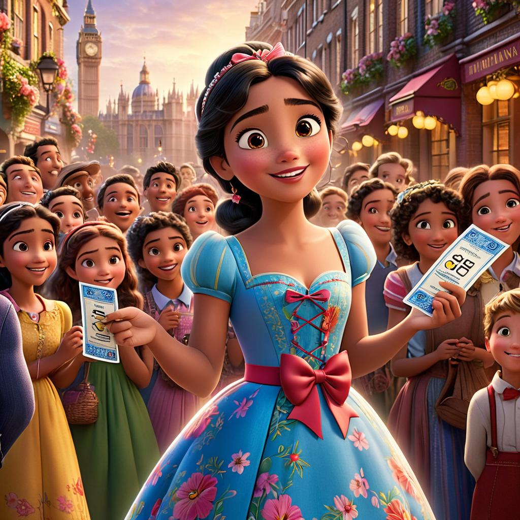  in 3d animated movie style. disney pixar style. fatima, a curious and imaginative 4 , in a colorful flowery dress and matching bow, receiving surprise tickets to london on her birthday. high resolution pixar 3d animated film style with vint colors and soft warm lights creating a celetory mood. camera captures fatima's joy from a slightly above angle as she holds the tickets, expressing anticipation for london adventures.