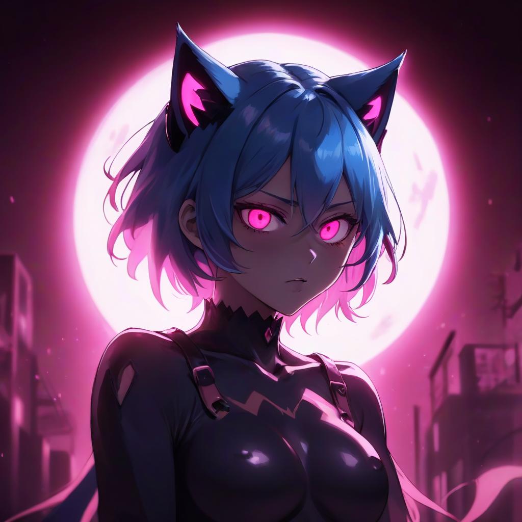  a close up of a person with blue hair, metal cat ears and glowing eyes, anime picture, deep crimson and dark shadows, perfect female body silhouette, bitcoin evil, ((pink)), style of madhouse anime, portrait of evil girl, it is night, looming head