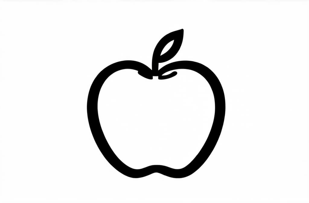  contour, very simple image in one unbroken black ink line, single line of apple, engraving illustration, icon isolated on white background ar 3:2 using a single continuous black line ink brushon white background, drawing should be created without lifting the pen, recognizable features of apple, engraving illustration, icon isolated on white background ar 3:2 in one unbroken line