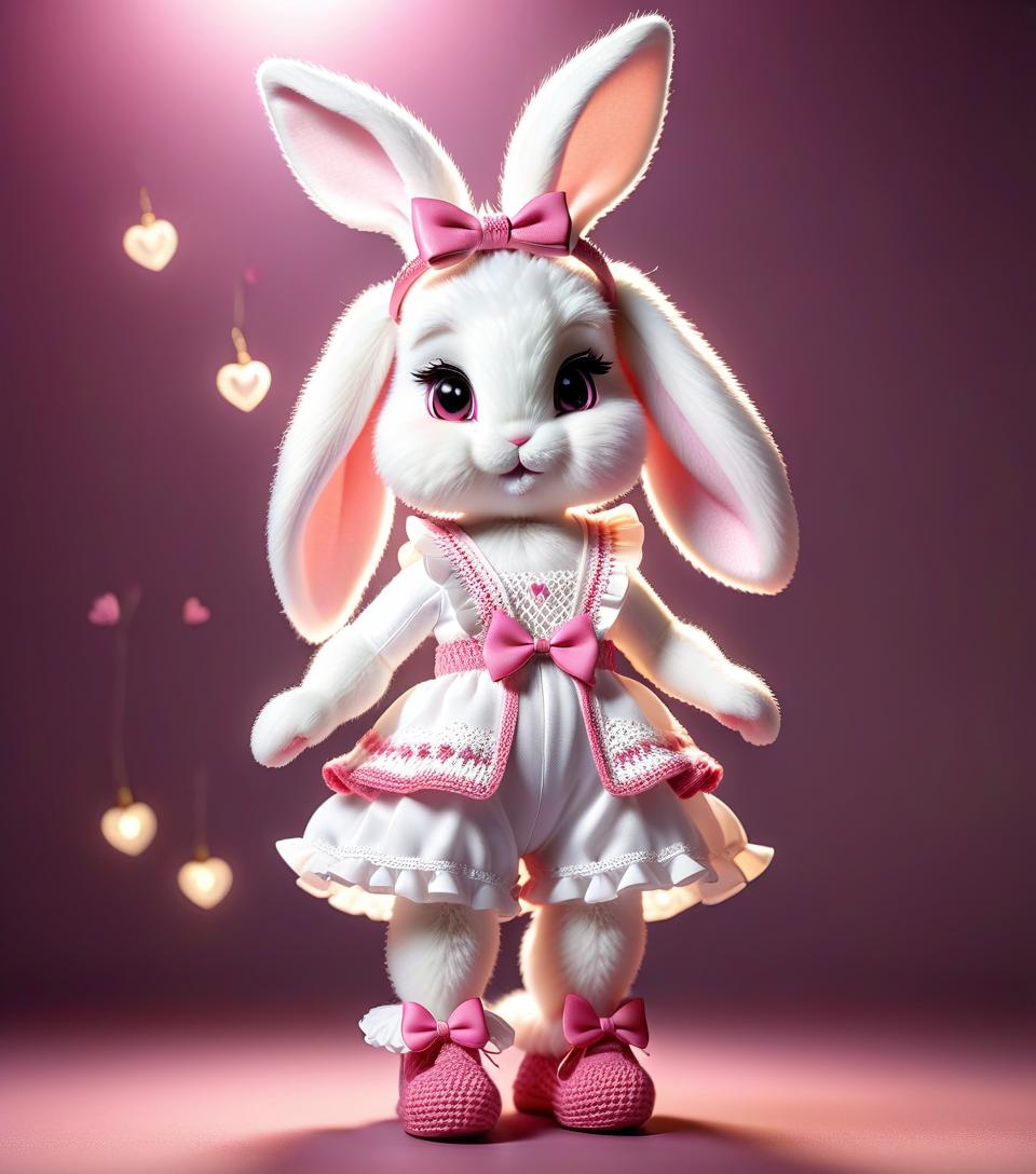  professional 3d model a very cute white and pink fluffy bunny, cute cute, with long floppy and fluffy ears, with a fashionable elegant crochet headband with a bow, and decorations, standing on two legs, in a crocheted white and pink jumpsuit with ruffles, tulle ruffles, with draperies, with ruffled tulle, with a bow, a peplum, very detailed, dressed in beautiful crocheted shoes with decorations, flying fireflies and neon hearts, glare of light, radiance, fabulously beautiful, tenderness, love, aesthetics, professional photo, realism, high resolution, high detail , iso 100, f/2.8, 4k, 1/250 s, 30mm lens, bright light . octane render, highly detailed, volumetric, dramatic lighting, sticker hyperrealistic, full body, detailed clothing, highly detailed, cinematic lighting, stunningly beautiful, intricate, sharp focus, f/1. 8, 85mm, (centered image composition), (professionally color graded), ((bright soft diffused light)), volumetric fog, trending on instagram, trending on tumblr, HDR 4K, 8K