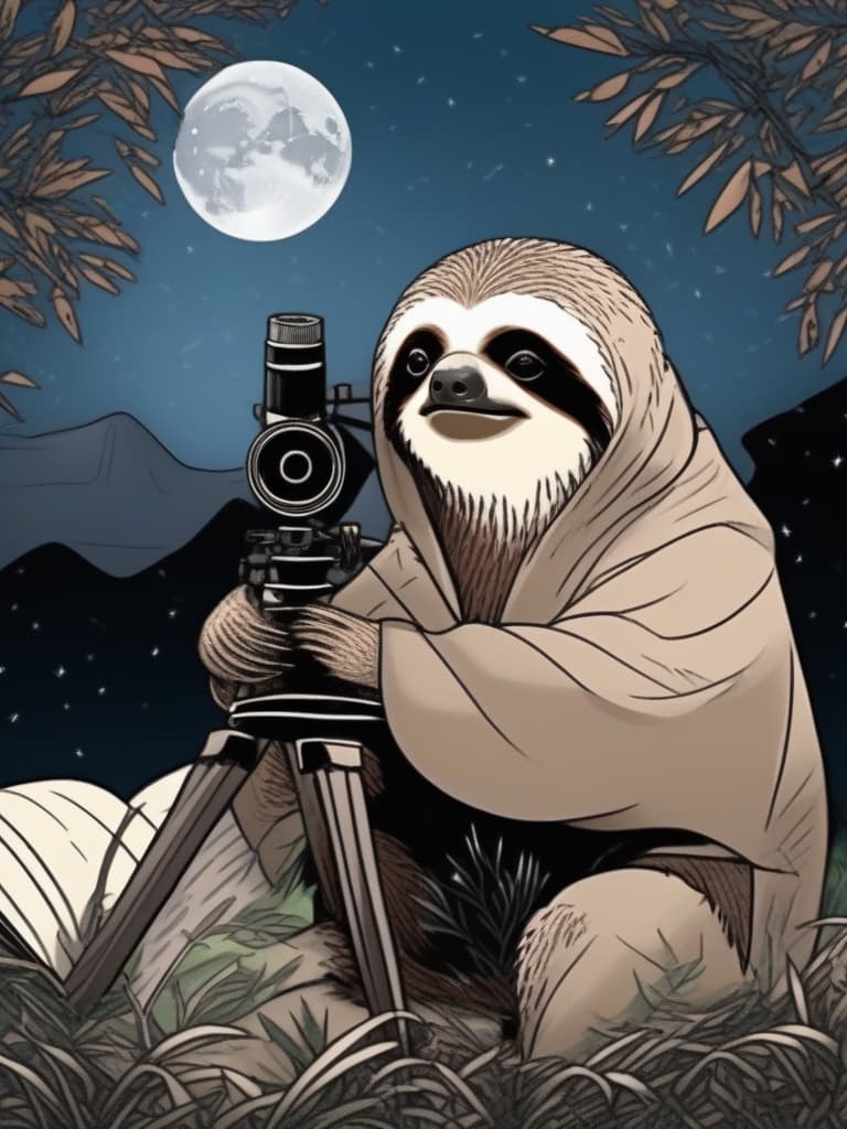  best of the best,full moon and solo sloth,sloth with cape,telescope,book,moonlit background,field,high quality,16k