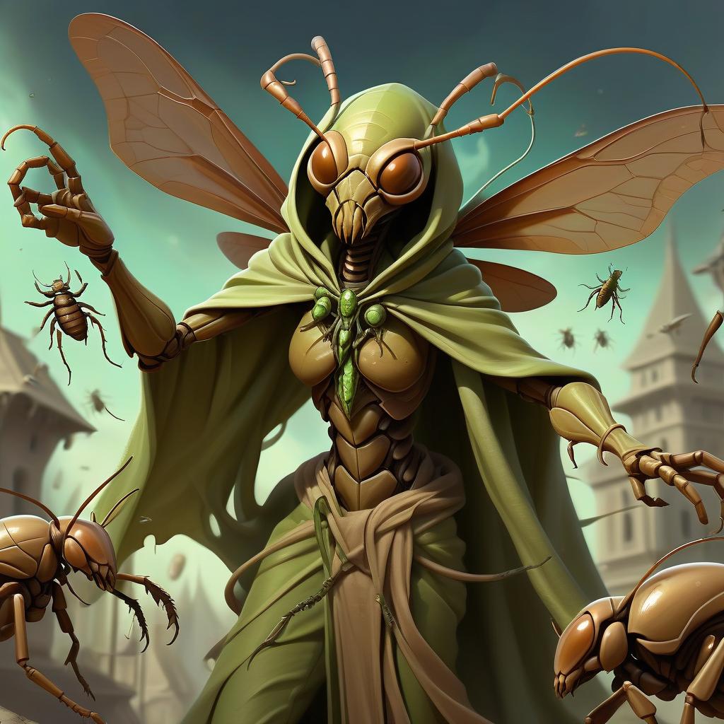  ethereal fantasy concept art of thri kreen brown insectoid monstrous humanoid race with mantis head ranger, wearing travelers rags and cloak, has four hands, swarm of bugs flying around, hive background . magnificent, celestial, ethereal, painterly, epic, majestic, magical, fantasy art, cover art, dreamy