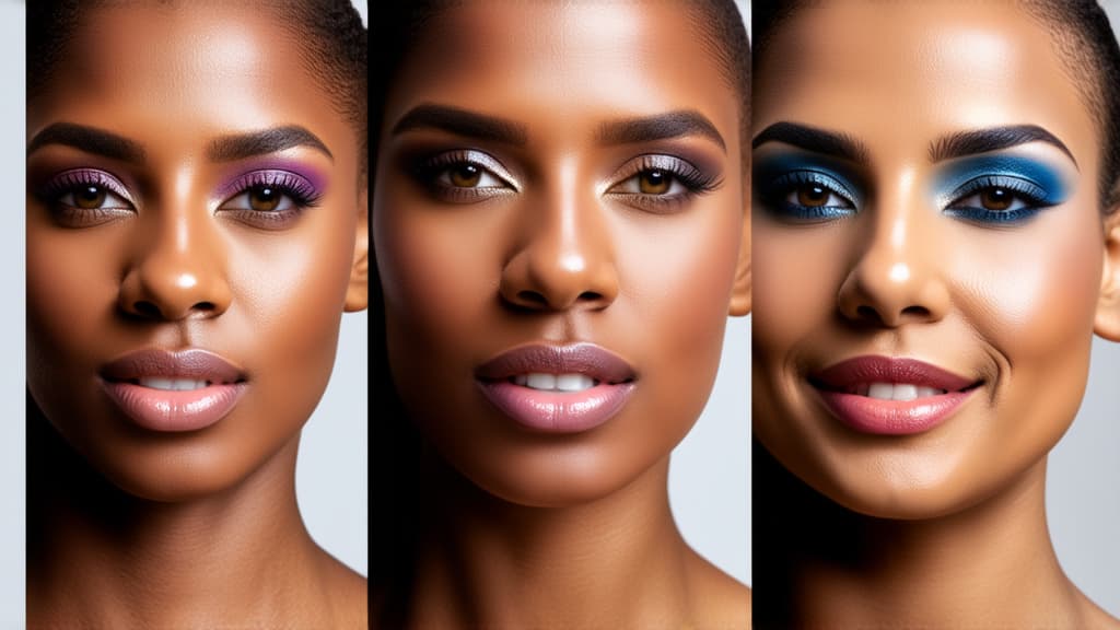  different beauty. set of different female heads with bright makeup on a light background. ar 16:9, (natural skin texture), highly detailed face, depth of field, hyperrealism, soft light, muted colors