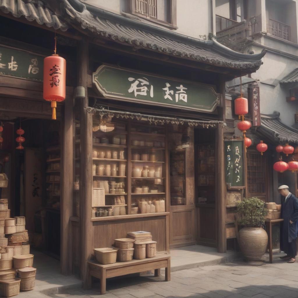  chinese town, tea store, tea ceremony, sign text “tea875”, epic foto, 4k