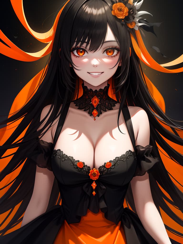  dark, girl, smile, cigarette, orange, black, masterpiece, best quality,8k,ultra detailed,high resolution,an extremely delicate and beautiful,hyper detail