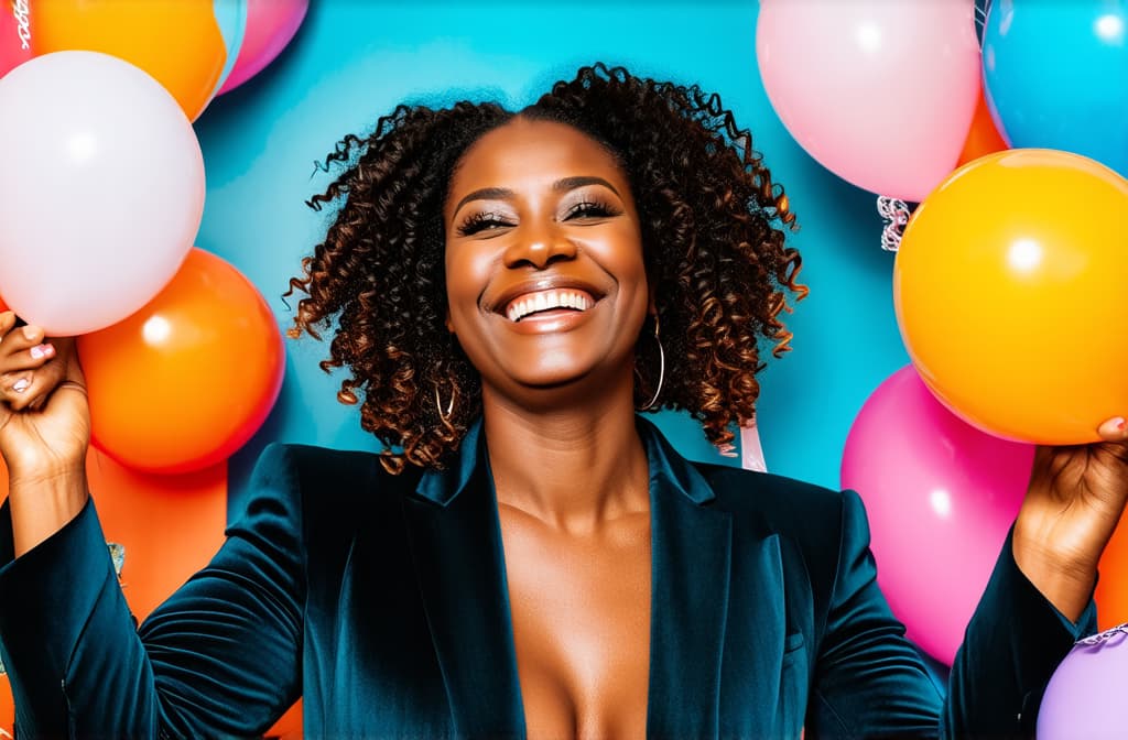  professional detailed photography, generative ai illustration of a happy woman with curly hair in elegant clothes smiling and looking at balloons during a nerd party 3:2 ar 3:2, (muted colors, dim colors, soothing tones), (vsco:0.3)