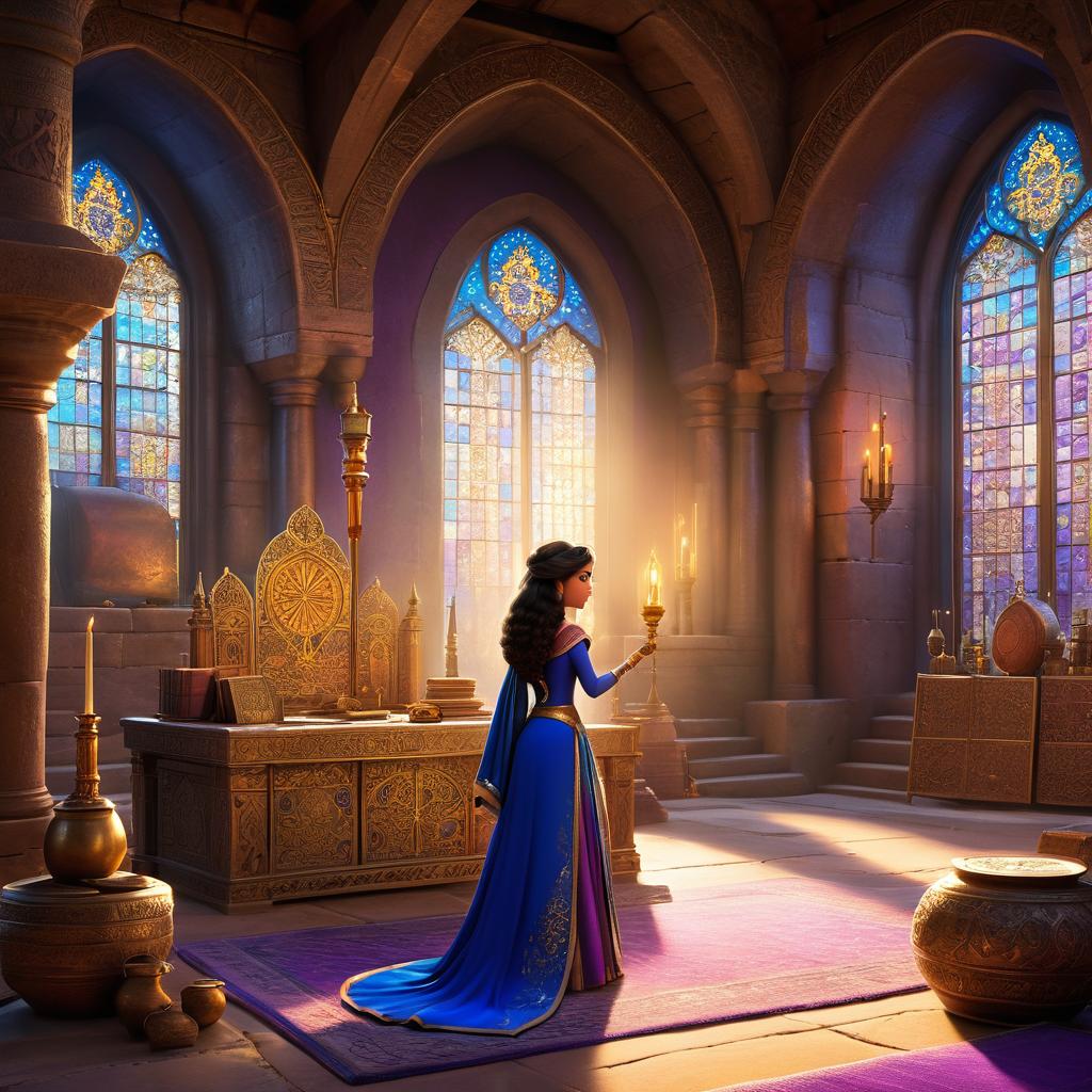  in 3d animated movie style. disney pixar style. laila, a old in regal persian attire, preparing for an adventure with king cyrus and advisor soraya in a bustling castle chamber filled with maps and artifacts. sunlit stained gl windows illuminate the determined trio. high resolution pixar 3d animated film style with rich golds, purples, and blues. dynamic low angle perspective emphasizes unity and resolve for the challenging quest.