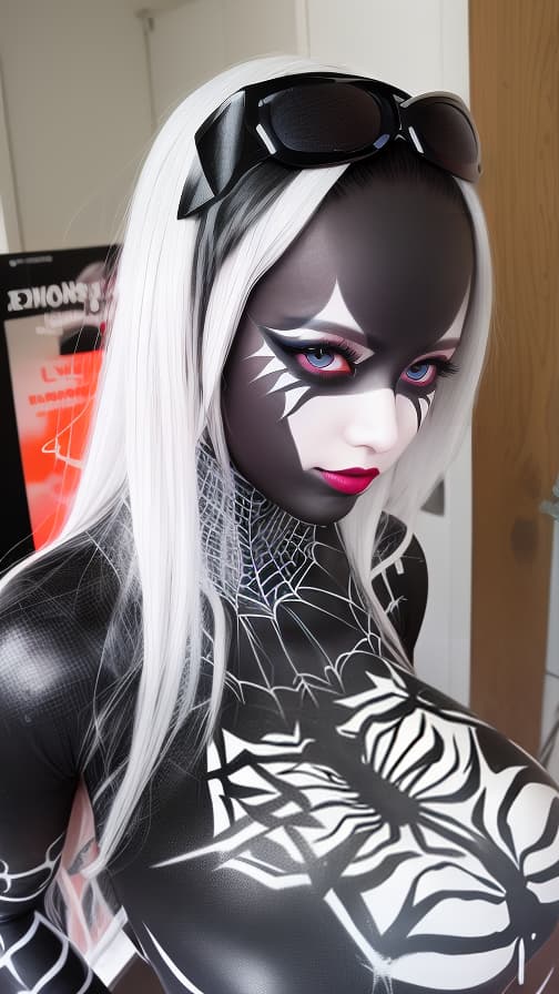  Black Spider-patterned body paint in every corner of the whole body, full-body, silver body paint, White face paint on the face,Dark elfs 女の子