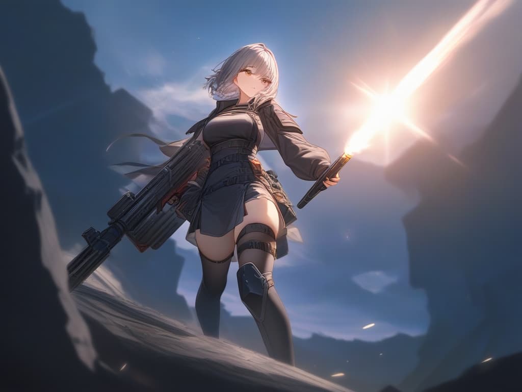  one girl, (masket (gun): 2.0), gray hair, bob cut, sacred magic, clean air, purification light, gun, (light bullet: 2.0) hyperrealistic, full body, detailed clothing, highly detailed, cinematic lighting, stunningly beautiful, intricate, sharp focus, f/1. 8, 85mm, (centered image composition), (professionally color graded), ((bright soft diffused light)), volumetric fog, trending on instagram, trending on tumblr, HDR 4K, 8K