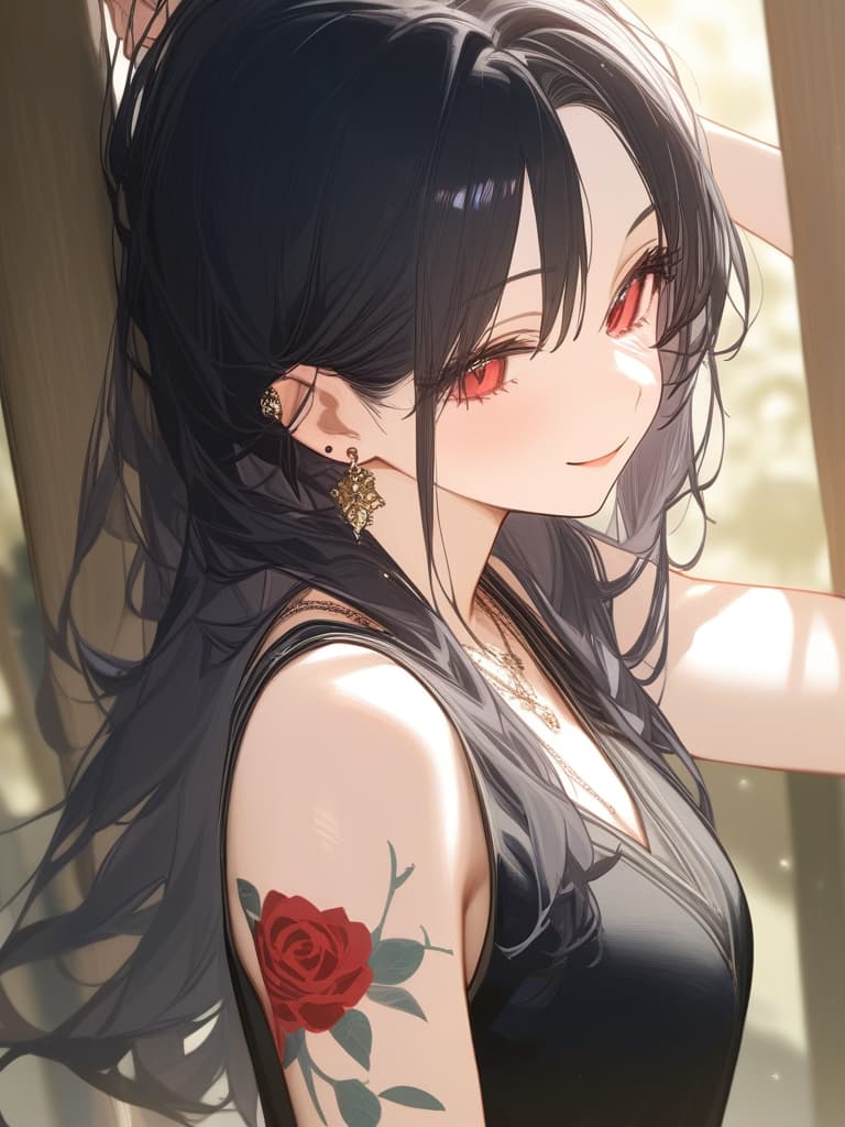  long hair, black hair, hair tips are pink, red eyes, hanging, bangs, and length of bangs, adults, adult faces, piercings, necklaces, hair are light pink and black, thin makeup on the arm. there is a rose tattoo, a rose tattoo on your arm, smiling, masterpiece, best quality,8k,ultra detailed,high resolution,an extremely delicate and beautiful,hyper detail