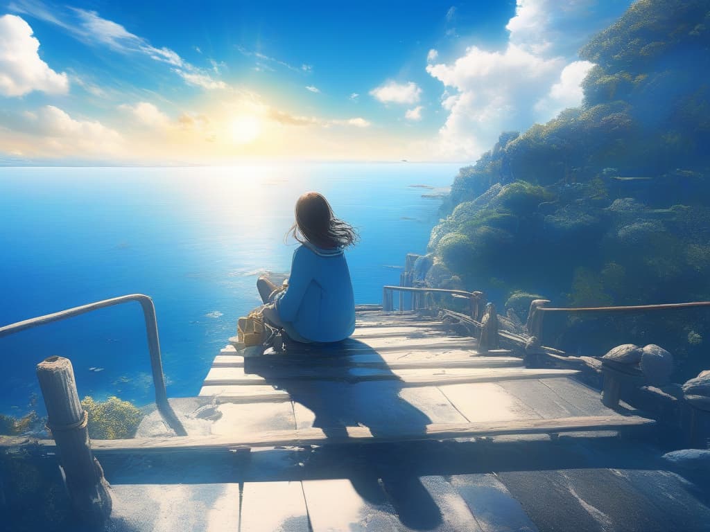  blue sky, high place, one girl, sitting, wide sky, blue sky, sun, sea