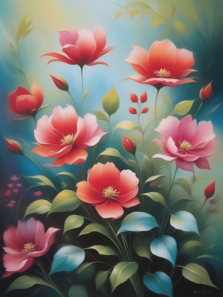  stylized, abstract painting featuring a floral arrangement. the layout is vertical, with the flowers and leaves extending upwards. the subject consists of vibrant red and pink flowers with smooth, rounded petals, and elongated green leaves. the background is a soft, muted gradient of light blues and greens, providing a gentle contrast to the bold colors of the flowers. the painting has a soft, almost blurred quality, giving it a dreamy and serene feel. there are no people, text, or logos present in the image.