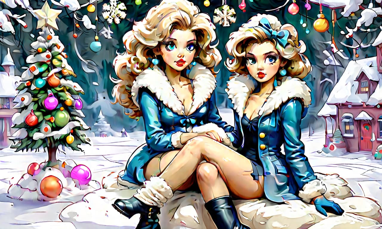  kawaii style "create a painting in the pin up style featuring a young woman with a cute face and makeup. she has light hair styled with large white bows on the sides, from which curly hair flows down. the woman is dressed in a short blue fur coat with a fluffy white fur collar, which accentuates her figure. her arms are extended along her body to mid thigh, with her wrists flared out to the sides. she wears nylon stockings and long white leather high heeled boots, standing as if on her toes. the scene depicts her standing straight in the snow, appearing to shiver from the cold, surrounded by snow and snowdrifts. to her right, there is a fluffy green christmas tree adorned with colorful ornaments and twinkling lights. the snow sparkles and g