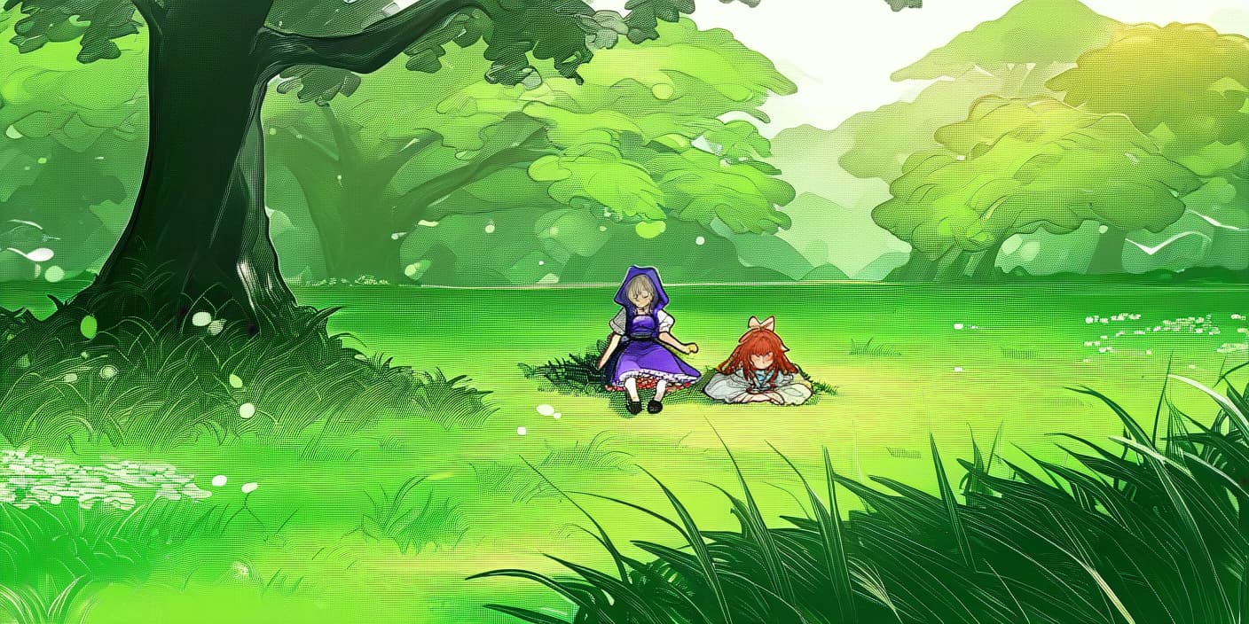  touhou, scenic landscape, gensokyo, reimu and marisa sleeping on the grass . best quality, high resolution