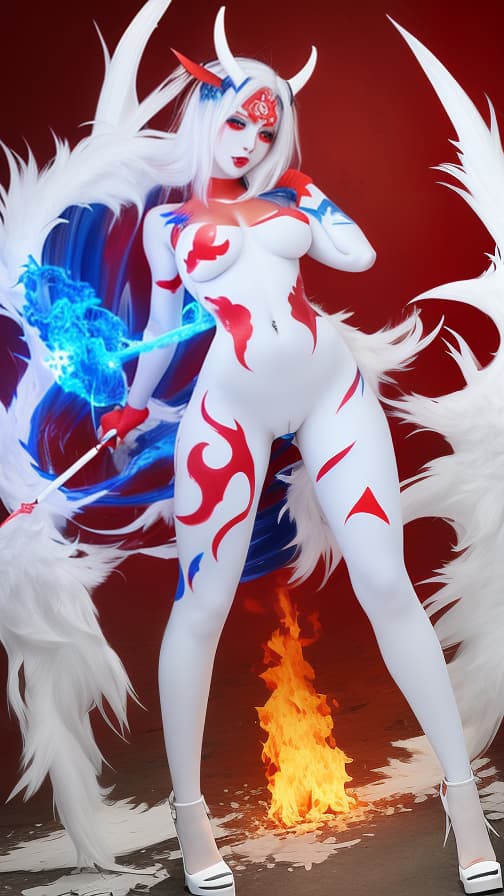  Full body red and Blue flame pattern body paint,White body paint on the whole body, White face paint on the face, succubus 女性