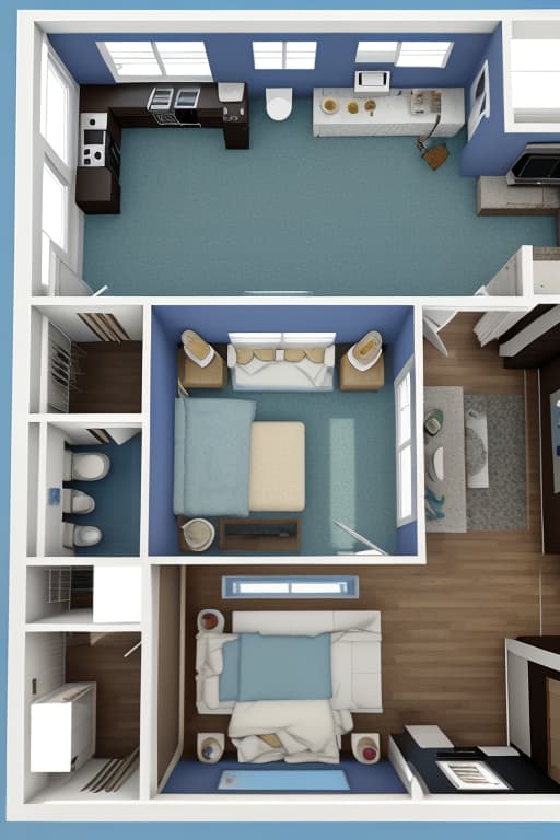  a diagram of a room with a bed, a desk, and a television, floor plan, layout, flat 2 d, layout design, floor plan view, plan, exquisite rendering, blue colour scheme, petspective room layout, blue and black scheme, residential design, top view, sectioned, 3/4 front view, plan drawing, front view dramatic, advertising photo,high quality, good proportion, masterpiece , the image is captured with an 8k camera