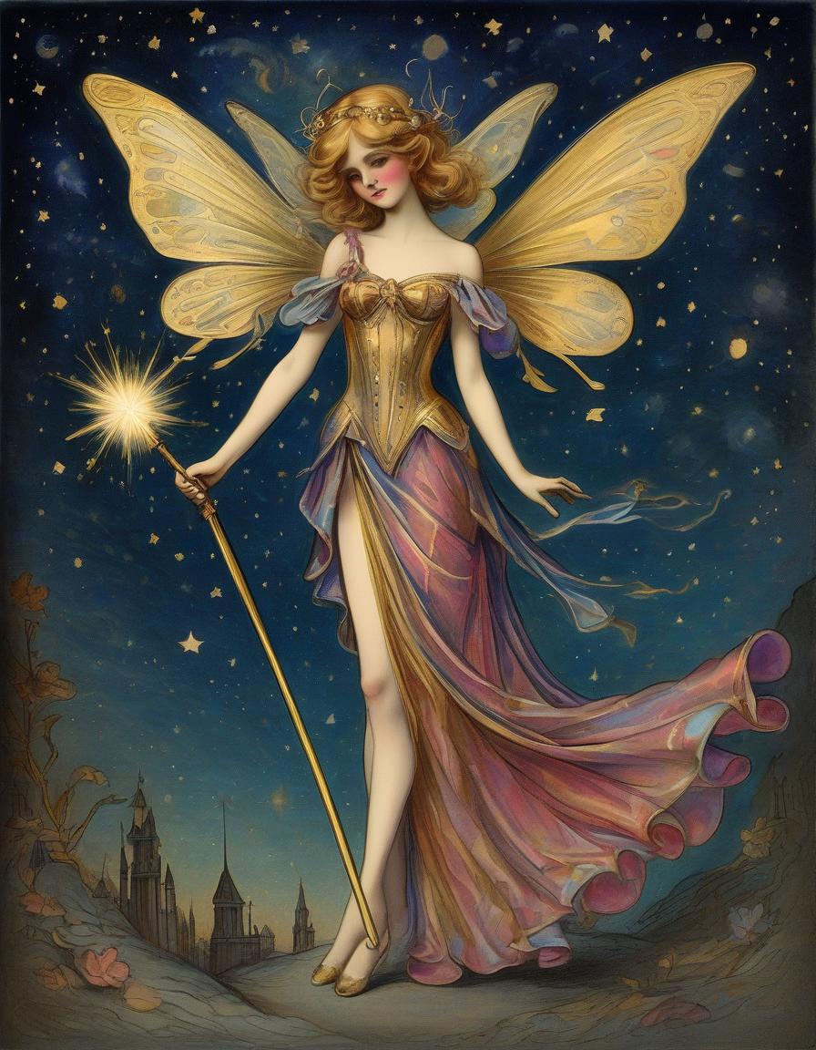  a drawing showing an tremble fairy holding a wand, in the style of moody starry nights, gilded age, colorful costumes, contrasting, flickr, futurist movement