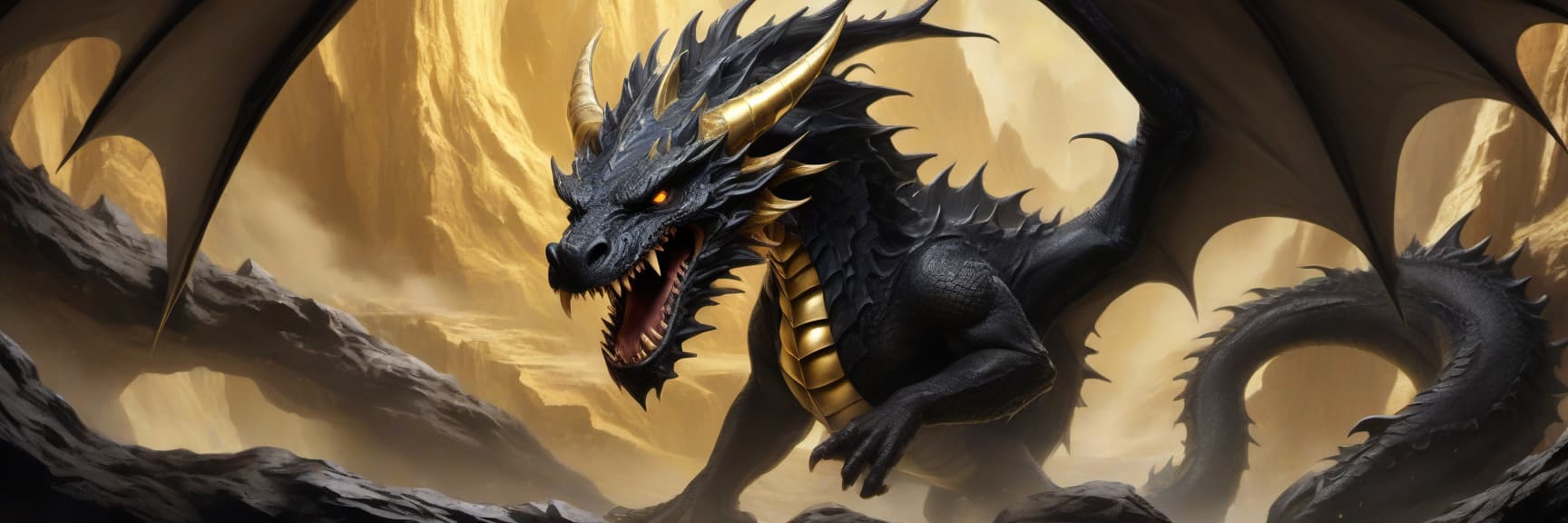  black dragon, in front paws cube (bone, dais) d20, side d20 to the viewer, growls, behind symmetrical background cave with gold, image size for banner for vkontakte