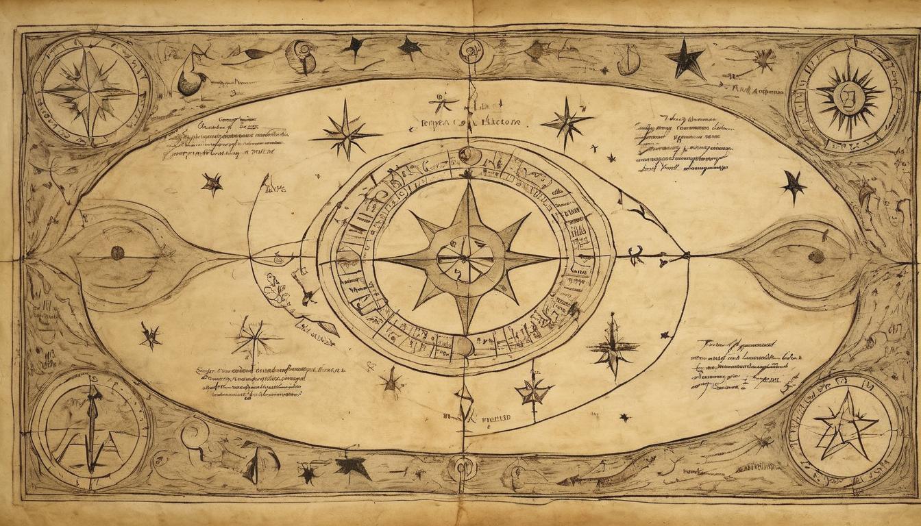  on parchment, surrealism++, celestial signs, stars aligning, path illuminated, divine indication, spiritual revelation(mysterious, provocative, symbolic)++