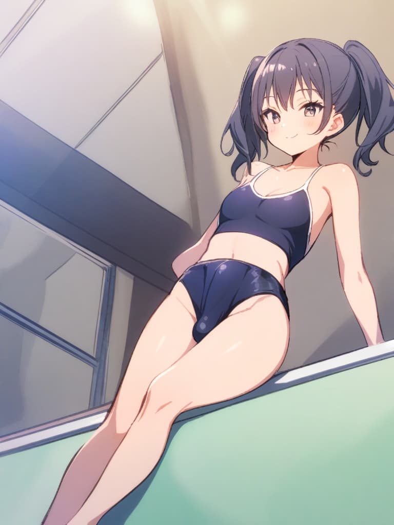  women's elementary students (male), twin tails, cute smiles, (rich s), low stature, dark blue swimwear, old swimwear, , simple (upward), male , (bulge), shaped clear , front , whole body, pool side,