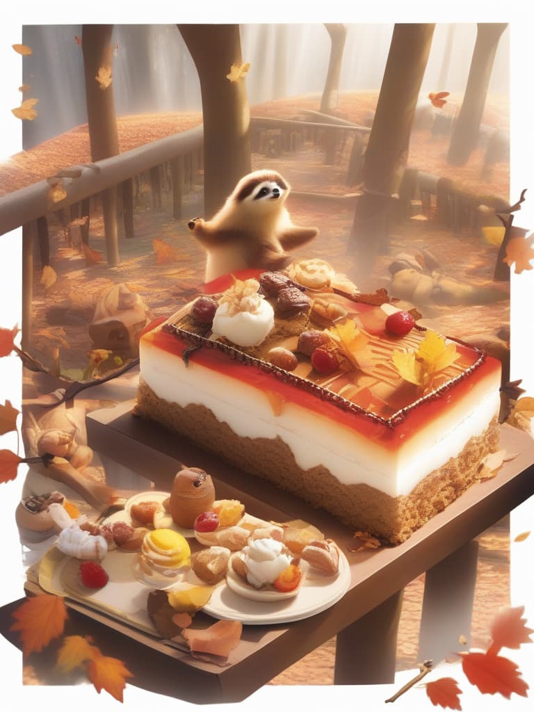  masterpiece! {text:(((thank you3000!!!)})) one sloth,smiling face,big mont blanc cake,gs,apples,autumn leaves,high quality,16k