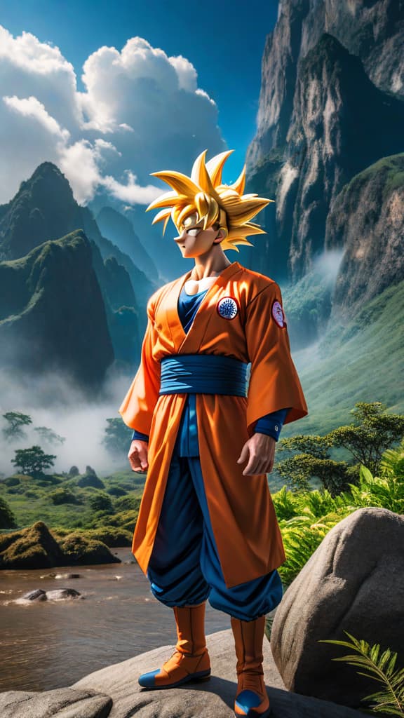  anime art: earth in peril without goku's protection pondering the consequences of his absence. hyperrealistic, full body, detailed clothing, highly detailed, cinematic lighting, stunningly beautiful, intricate, sharp focus, f/1. 8, 85mm, (centered image composition), (professionally color graded), ((bright soft diffused light)), volumetric fog, trending on instagram, trending on tumblr, HDR 4K, 8K