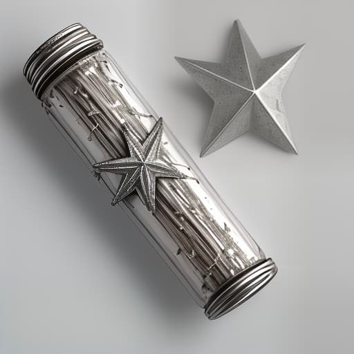  a tube of silver carcass with a star stands vertically on a white background