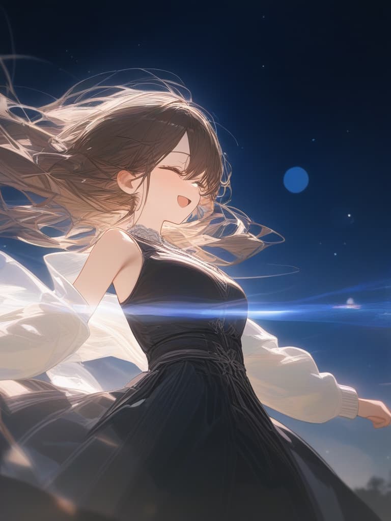  under the starry sky, a girl laughing at me, a bright brown hair, a transparent fleeting, a black sleeveless dress, wearing a white cardigan from the top, the whole body facing the front., masterpiece, best quality,8k,ultra detailed,high resolution,an extremely delicate and beautiful,hyper detail