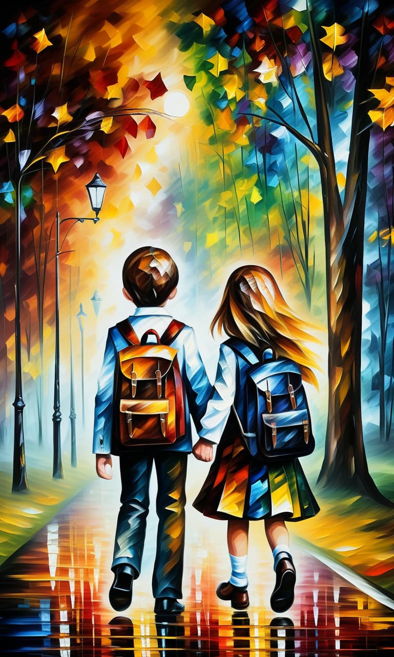  (style of leonid afremov:1.5), boy and girl schoolchildren walking through autumn park with school bags, holding hands, epic realism, anime features, dark fantasy, abstract horror, desaturated color palette, gothic and renaissance aesthetic, (happy smiles:1.4), in school uniform, blue eyes