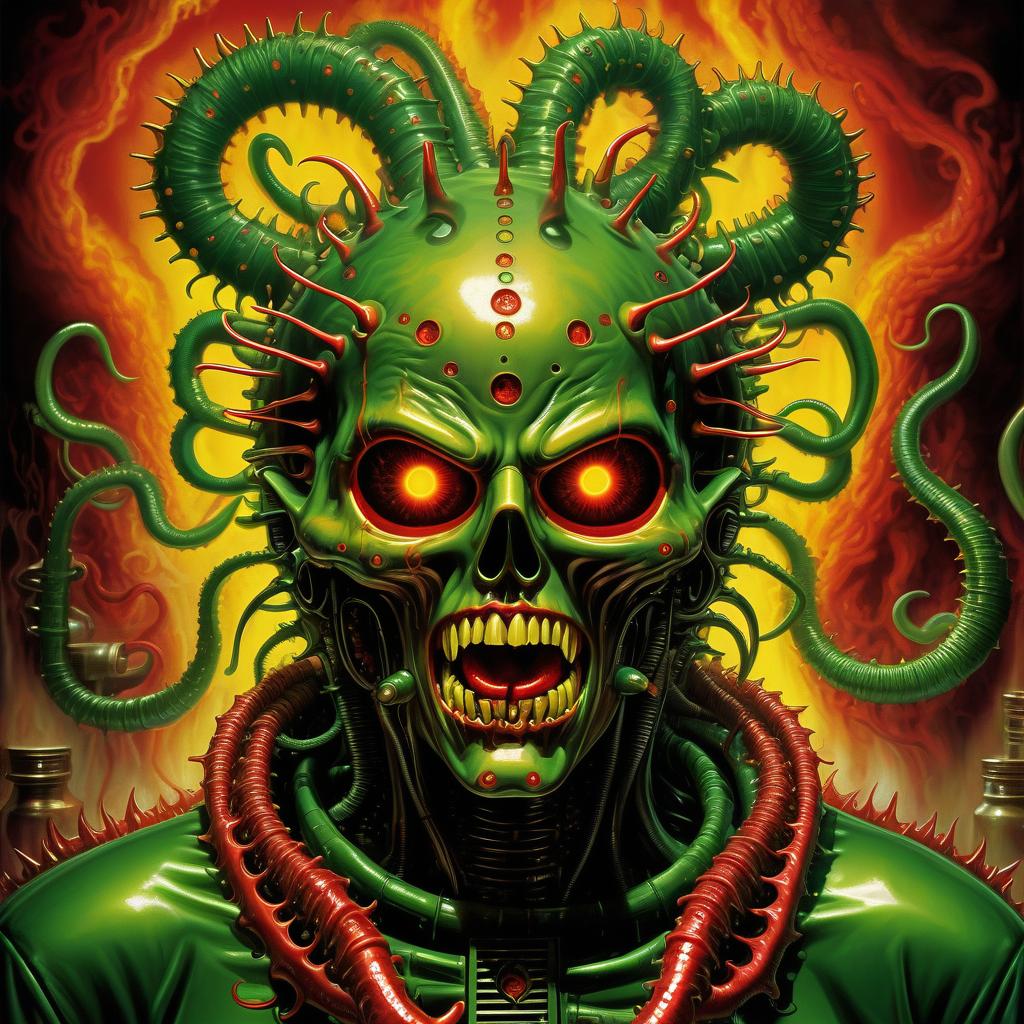  retro game art beautiful demon hellraiser whisperer giger demon looks scary prickly red watch in yellow smoke and green sparks suction cups tentacles eyes all over the body lower jaw sting tentacles claws and a terrible moan in red smoke in yellow rings of green steam the wound flows with mucus juice . 16 bit, vibrant colors, pixelated, nostalgic, charming, fun