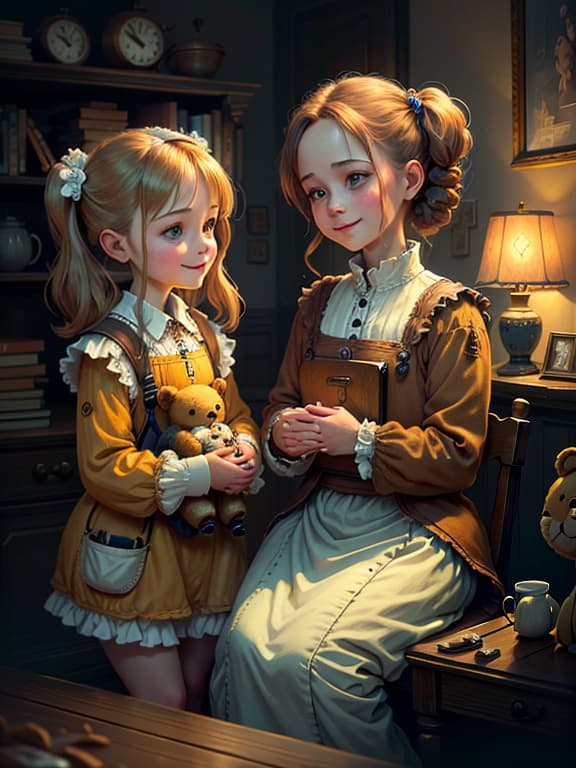 master piece, best quality, ultra detailed, highres, 4k.8k, , Dutch wife, Posing, Interacting with each other, Smiling, Playing, Innocent, Carefree expression, BREAK Depiction of a old and a Dutch wife., Cozy bedroom, Stuffed animals, Bedside lamp, Bookshelf, Teddy bear, BREAK Warm and inviting, Soft lighting, Heartwarming ambiance, Welcoming feel, cart00d
