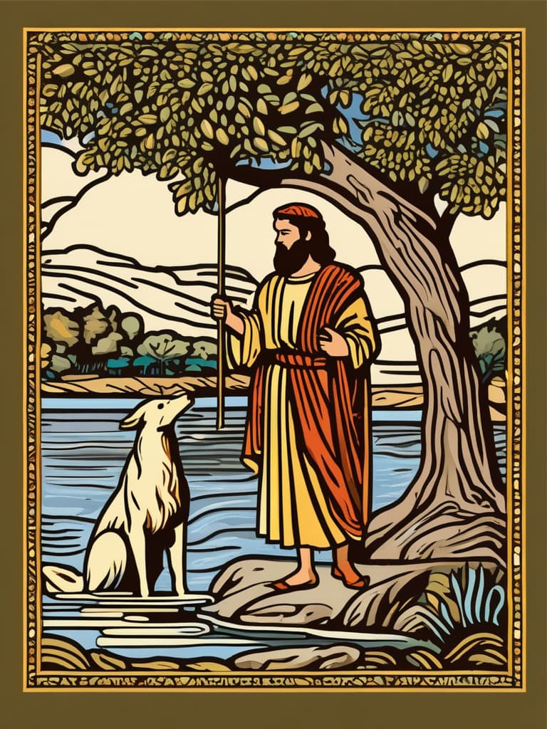  John the Baptist facing Jesus, standing in the the river Jordan . Close up view.