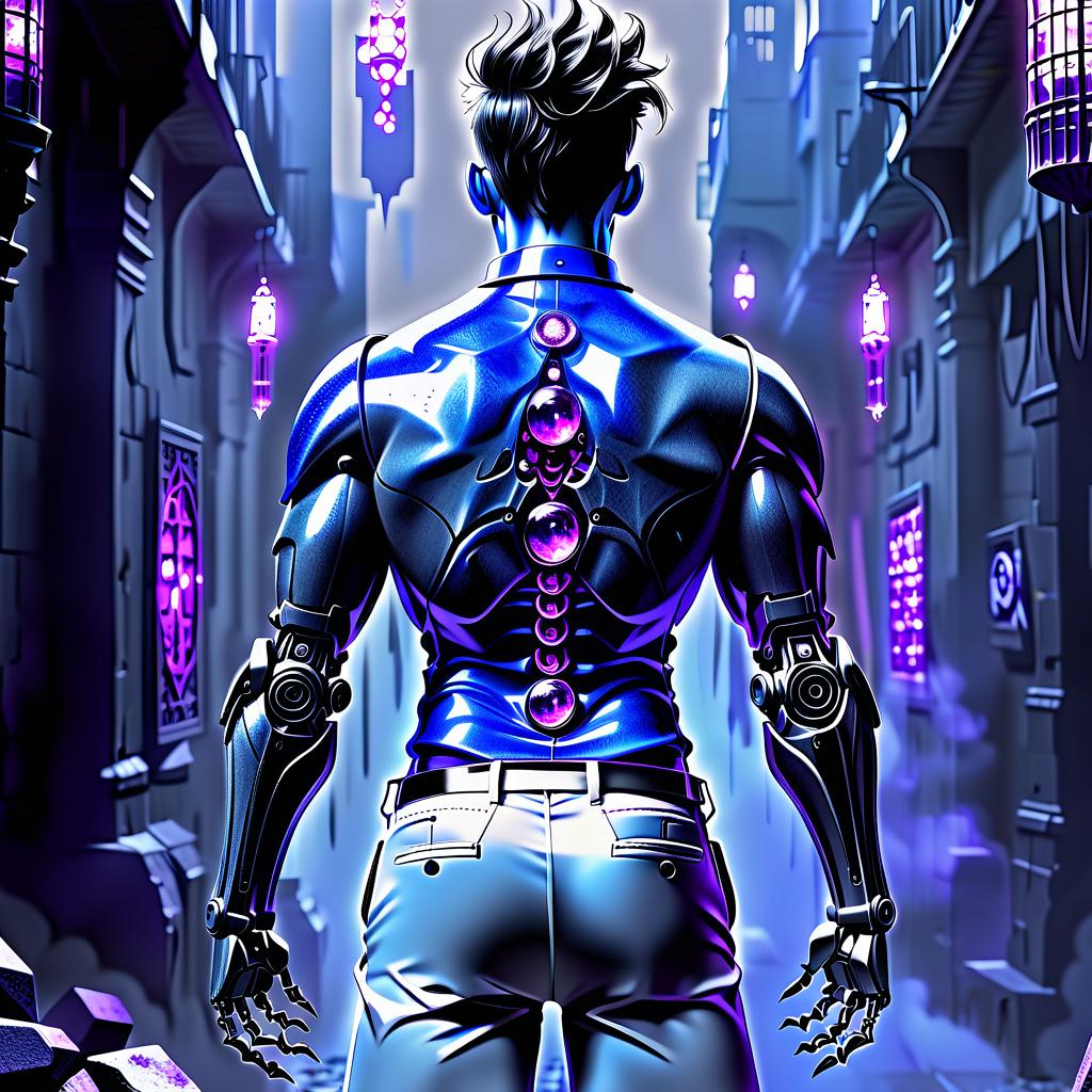  macabre style back view, full height, gray robot man, blue shorts, white shirt, bright purple crystals on the back. . dark, gothic, grim, haunting, highly detailed, perfecteyes, hkmagic, glowneon