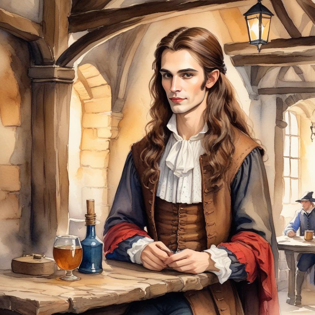  watercolor painting vampire with long brown hair in peasant clothes in an 18th century tavern . vibrant, beautiful, painterly, detailed, textural, artistic