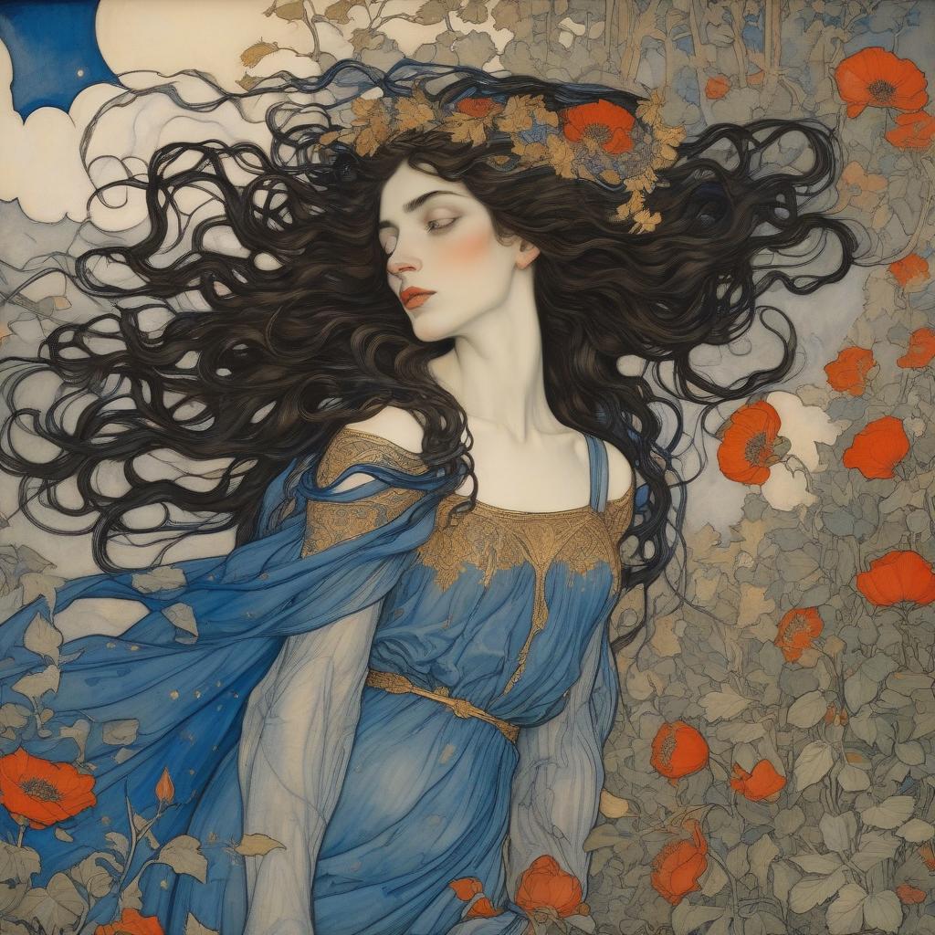  painting by arthur rackham and egon schiele depicting a wind goddess, she is a shooting star and a fallen angel, surrounded by beautiful flora, poppies, roses, lilies, morning glories, intricate golden vines, highly detailed azure eyes, luxurious dark hair with botticelli curls in a breeze, with cupids bow lips, wearing gently flowing gossamer silk in blues and gold.