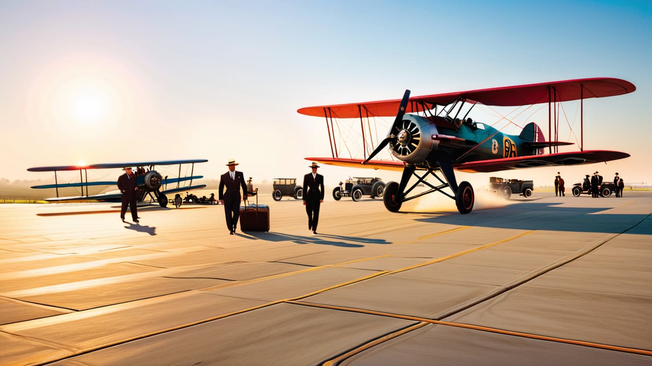  a vintage biplane soaring over a bustling 1920s airport, with passengers in period attire waiting by a wooden terminal, surrounded by early automobiles and ground crew in classic uniforms, capturing the dawn of commercial aviation. hyperrealistic, full body, detailed clothing, highly detailed, cinematic lighting, stunningly beautiful, intricate, sharp focus, f/1. 8, 85mm, (centered image composition), (professionally color graded), ((bright soft diffused light)), volumetric fog, trending on instagram, trending on tumblr, HDR 4K, 8K