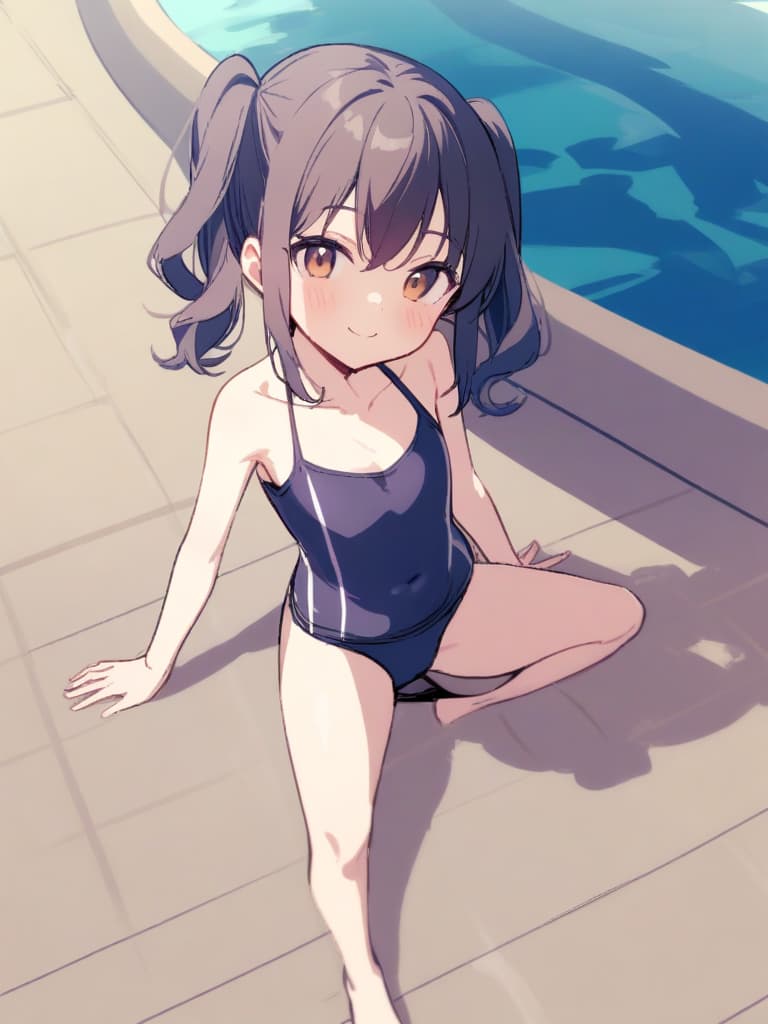  women's elementary student, dark blue swimwear, old swimwear, , , simple, male bulge, swelling, shaped clear, , front, cute smile, twin tail, whole body, pool side, pool side,