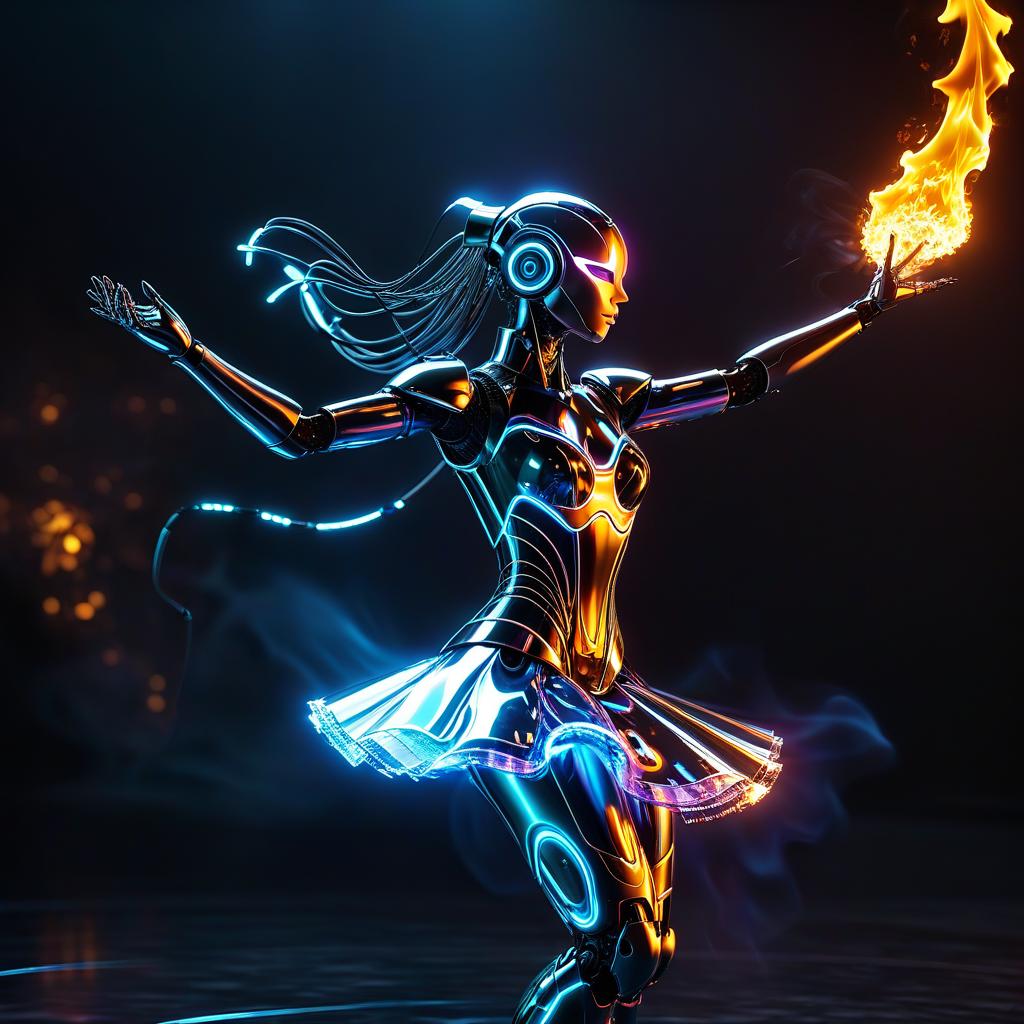  cybernetic robot a ballerina robot dances in a flame of liquid glass. . android, ai, machine, metal, wires, tech, futuristic, highly detailed, glowneon, civitai