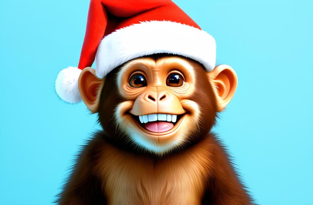  cute smiling monkey with white teeth in santa's hat against pastel blue background ar 3:2, (natural skin texture), highly detailed face, depth of field, hyperrealism, soft light, muted colors