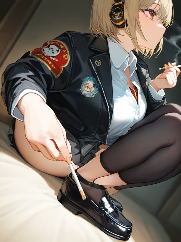  holding cigarettes, girls smoking cigarettes, girls wearing headphones, girls in blonde bob cut, girl wearing black loafers, souvenir jacket, black jacket, maid cosplay, masterpiece, best quality,8k,ultra detailed,high resolution,an extremely delicate and beautiful,hyper detail