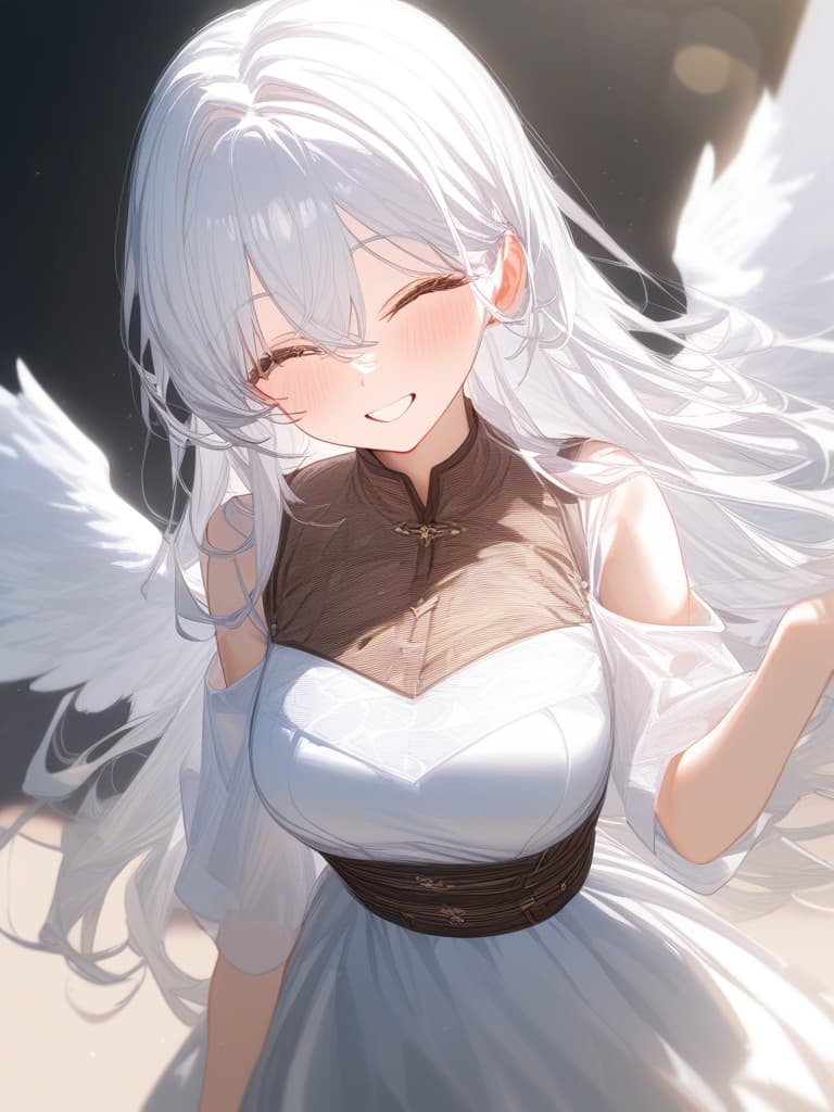  white hair, angel, cute girl, long hair, smile, masterpiece, best quality,8k,ultra detailed,high resolution,an extremely delicate and beautiful,hyper detail