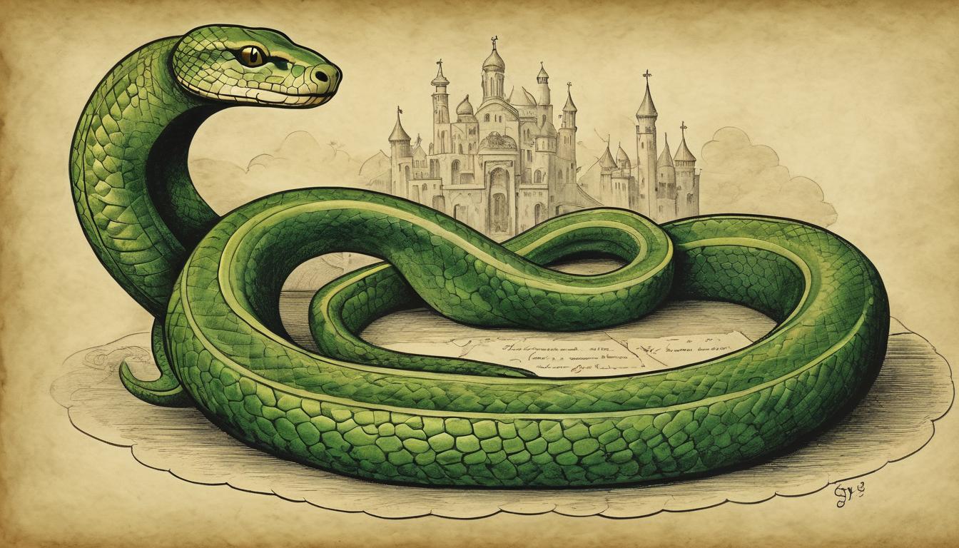  on parchment, surrealism++, a snake coiled around a crumbling throne, green eyes filled with envy, jealousy, destructiveness, greed(mysterious, provocative, symbolic)++